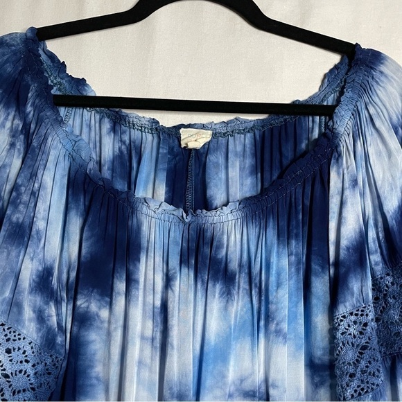 Surf Gypsy Boho Tie-Dye Off-Shoulder Ruffle Kimono Sleeve Tunic Top - Picture 4 of 12